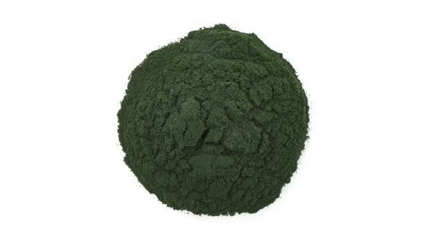 Pure dark green spirulina powder being scooped out for an antioxidant rich smoothie recipe.