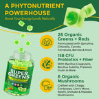 Close up view of peach flavored vegan super greens gummies for adults and teens