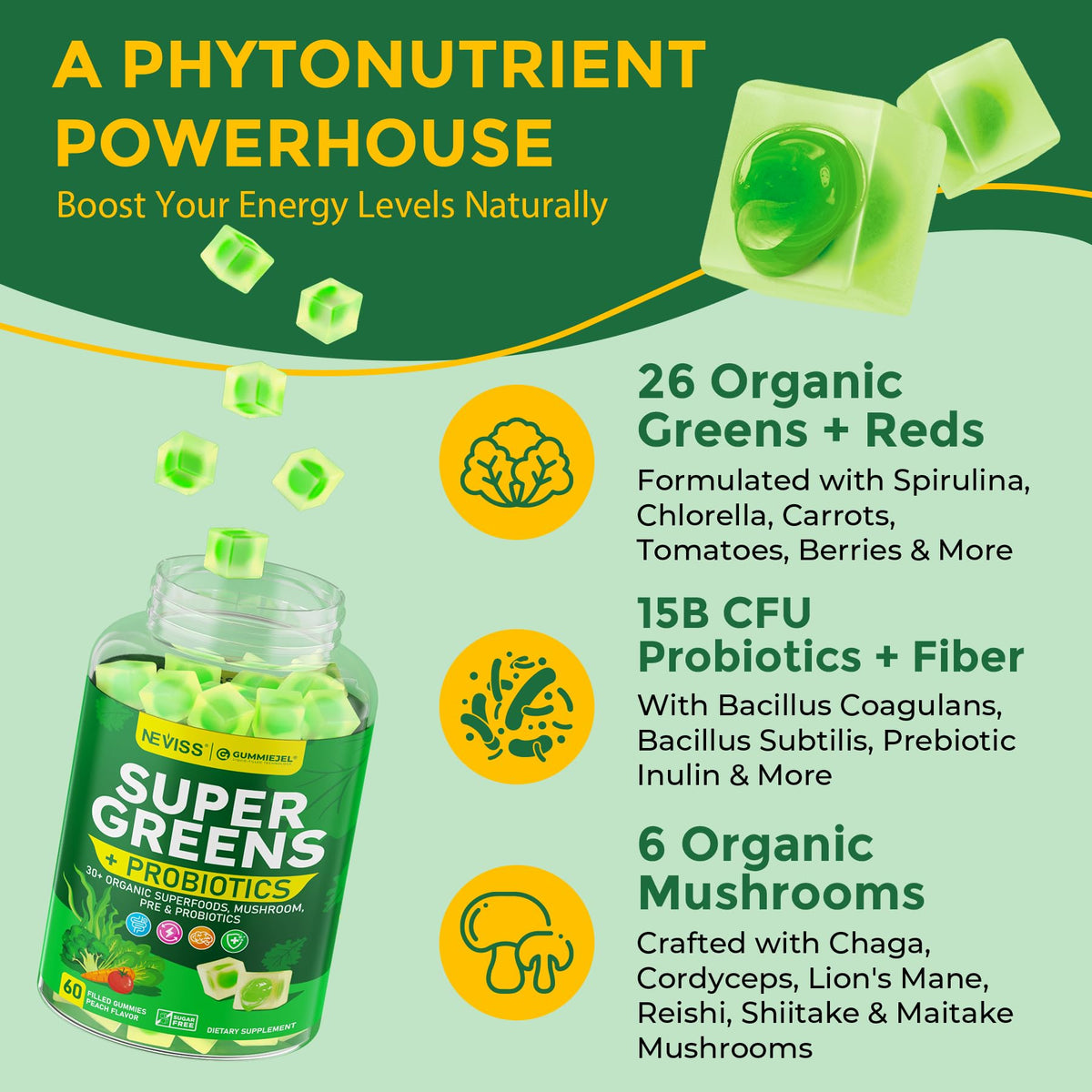 Close up view of peach flavored vegan super greens gummies for adults and teens
