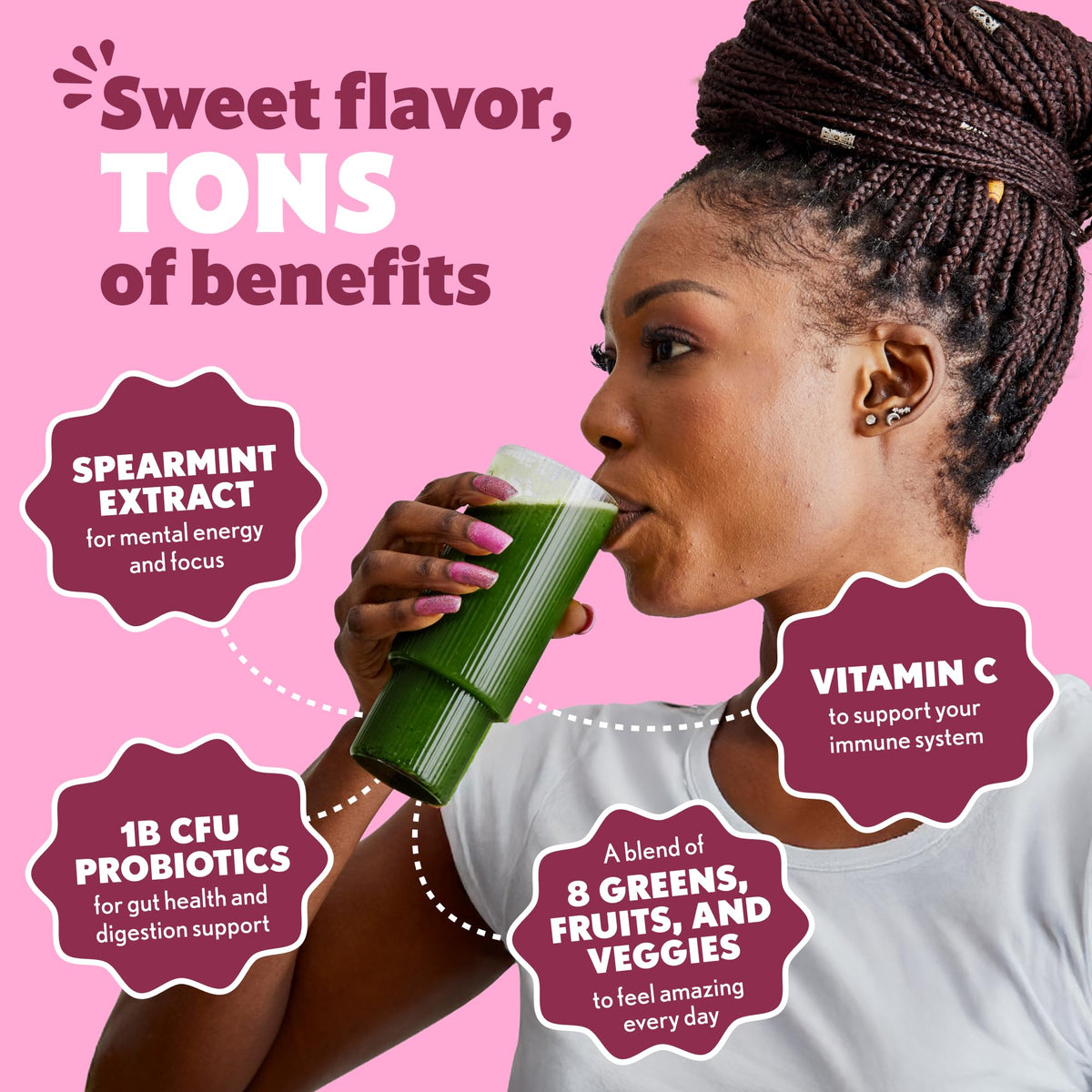 Authentic USA imported Amazing Grass wellness powder with probiotic and vitamin icons.