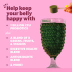 Daily nutrition greens powder jar highlighting the sugar free berry formulation.
