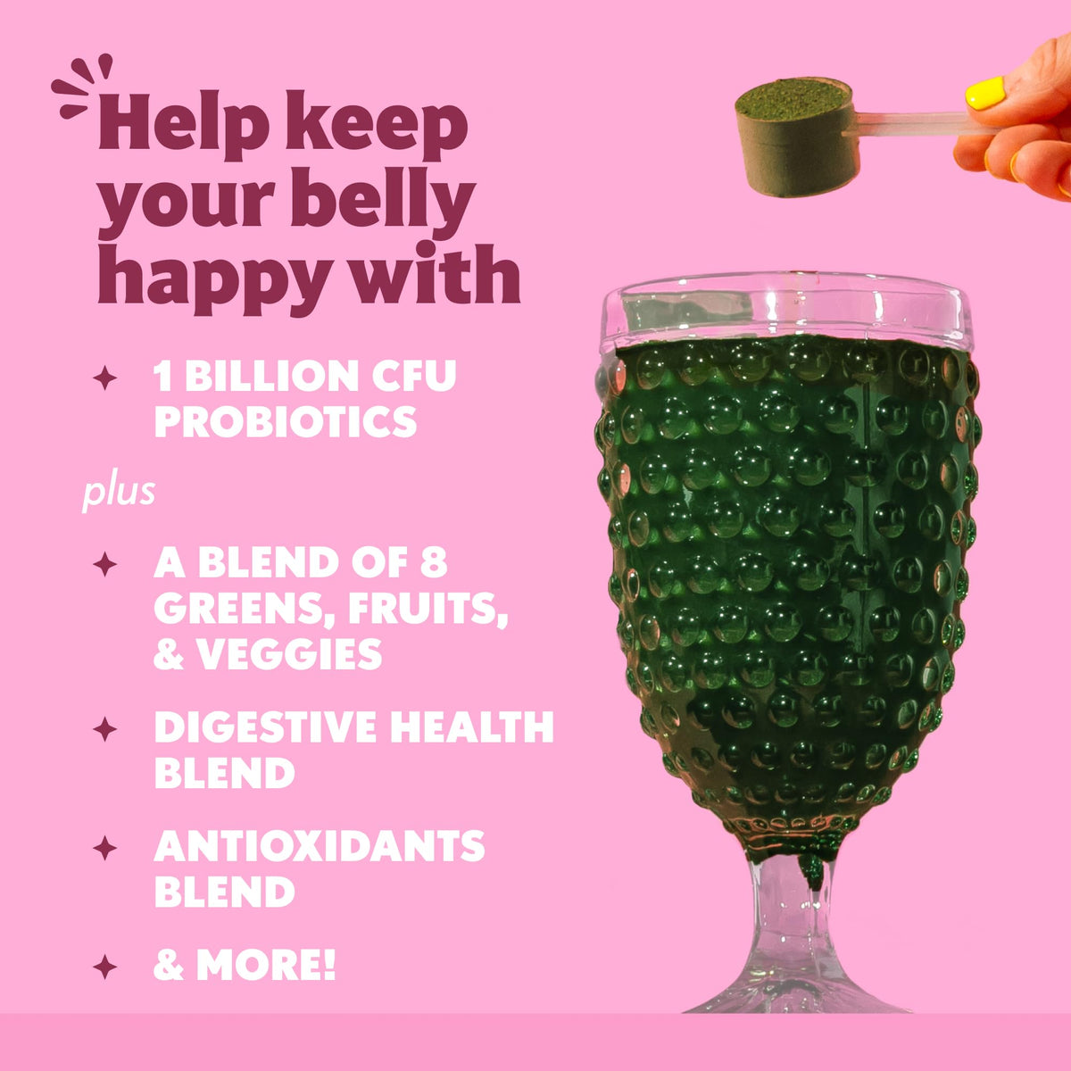 Daily nutrition greens powder jar highlighting the sugar free berry formulation.