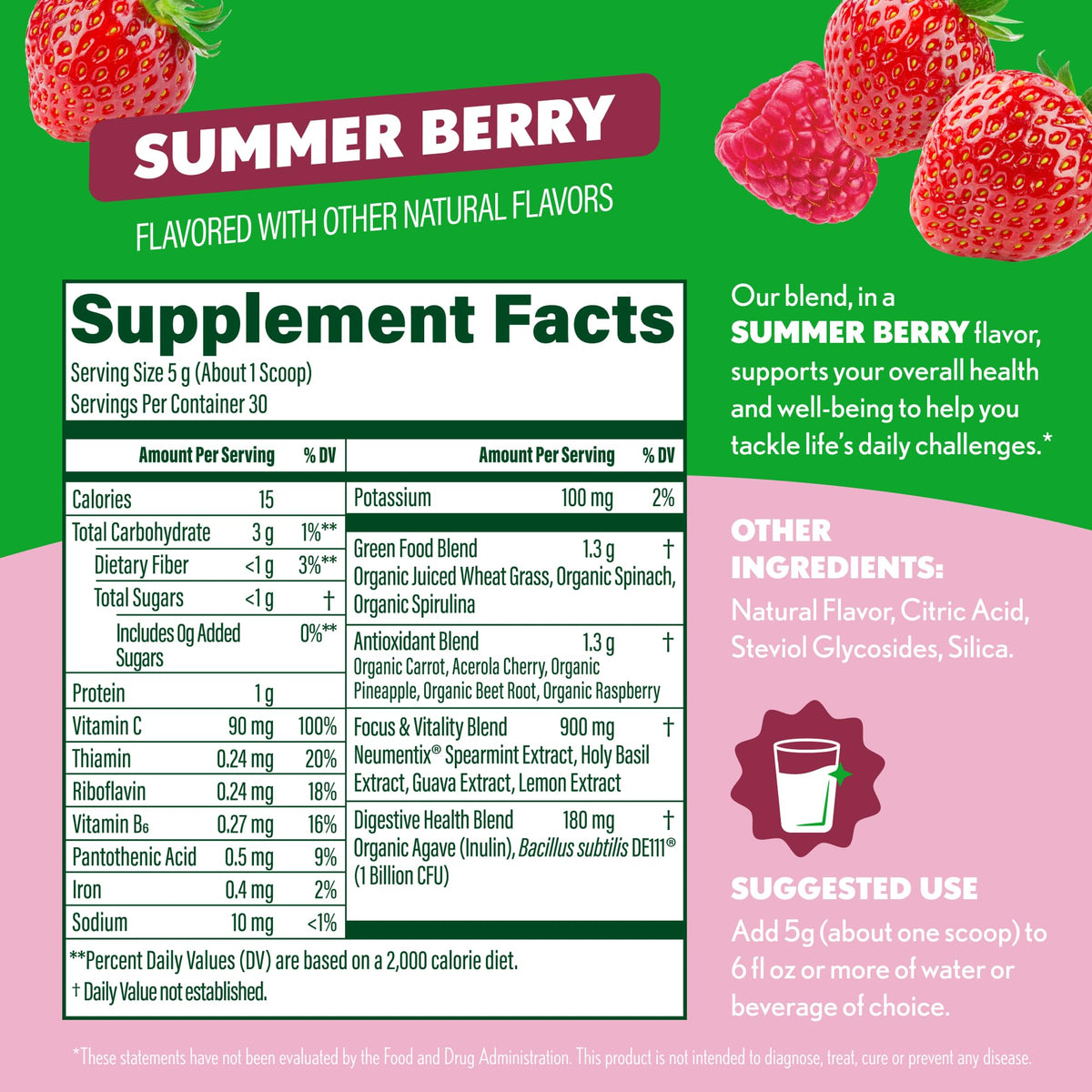 Natural health supplement container showing the thirty servings quantity description.