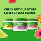 Amazing Grass Sweet Greens product container alongside fresh strawberries and raspberries.