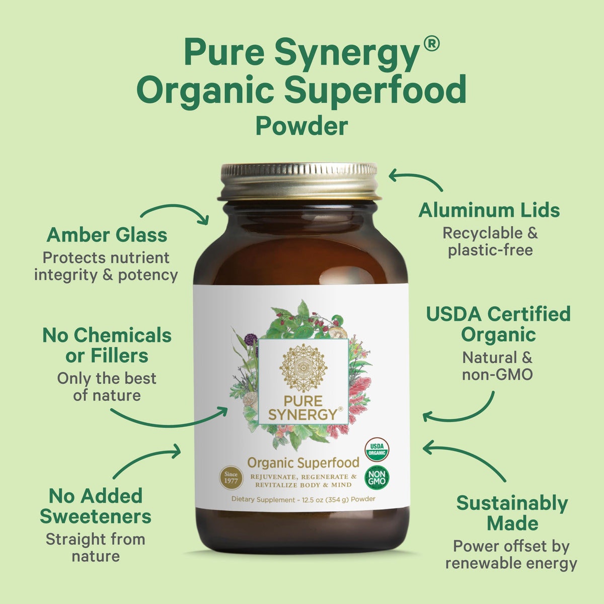 The Synergy Company green superfood powder 12.5 ounce dietary supplement bottle