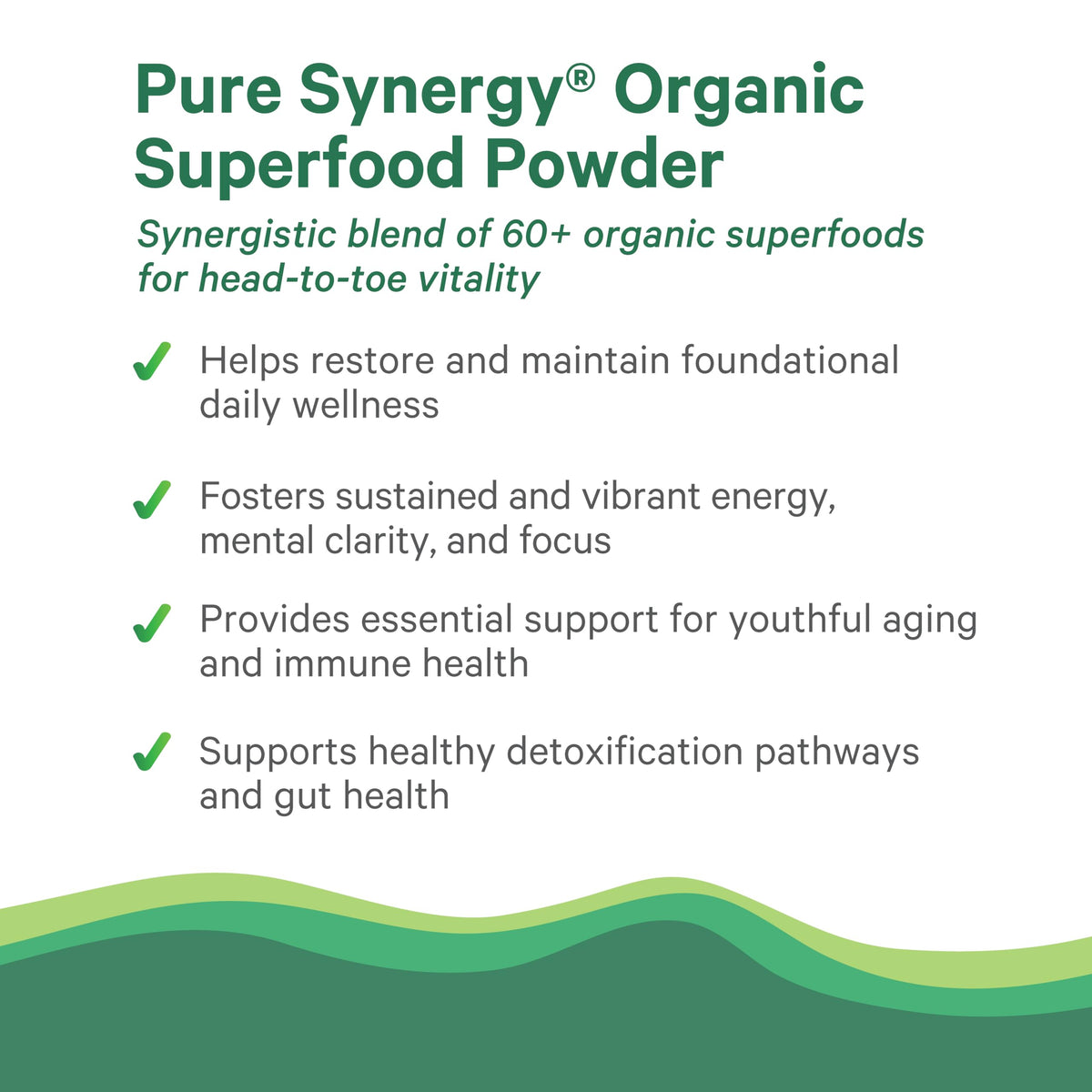 Pure Synergy whole food supplement powder with sixty-two organic ingredients bottle view