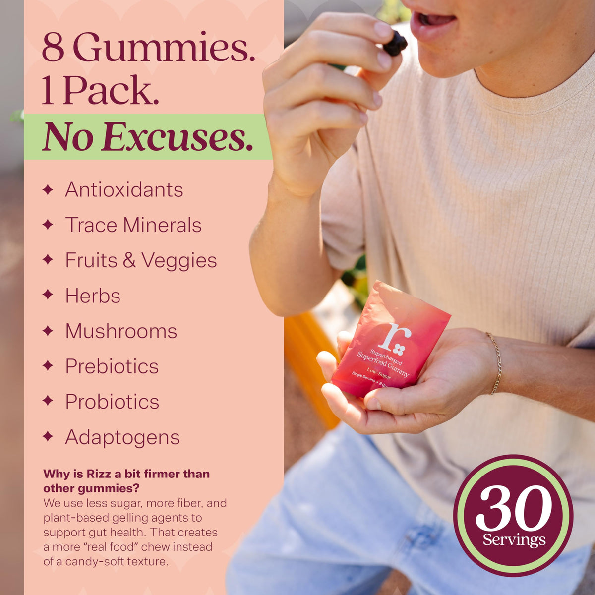 Rizz prebiotic and probiotic supplement bag displaying the six grams of fiber and clean immune support features.