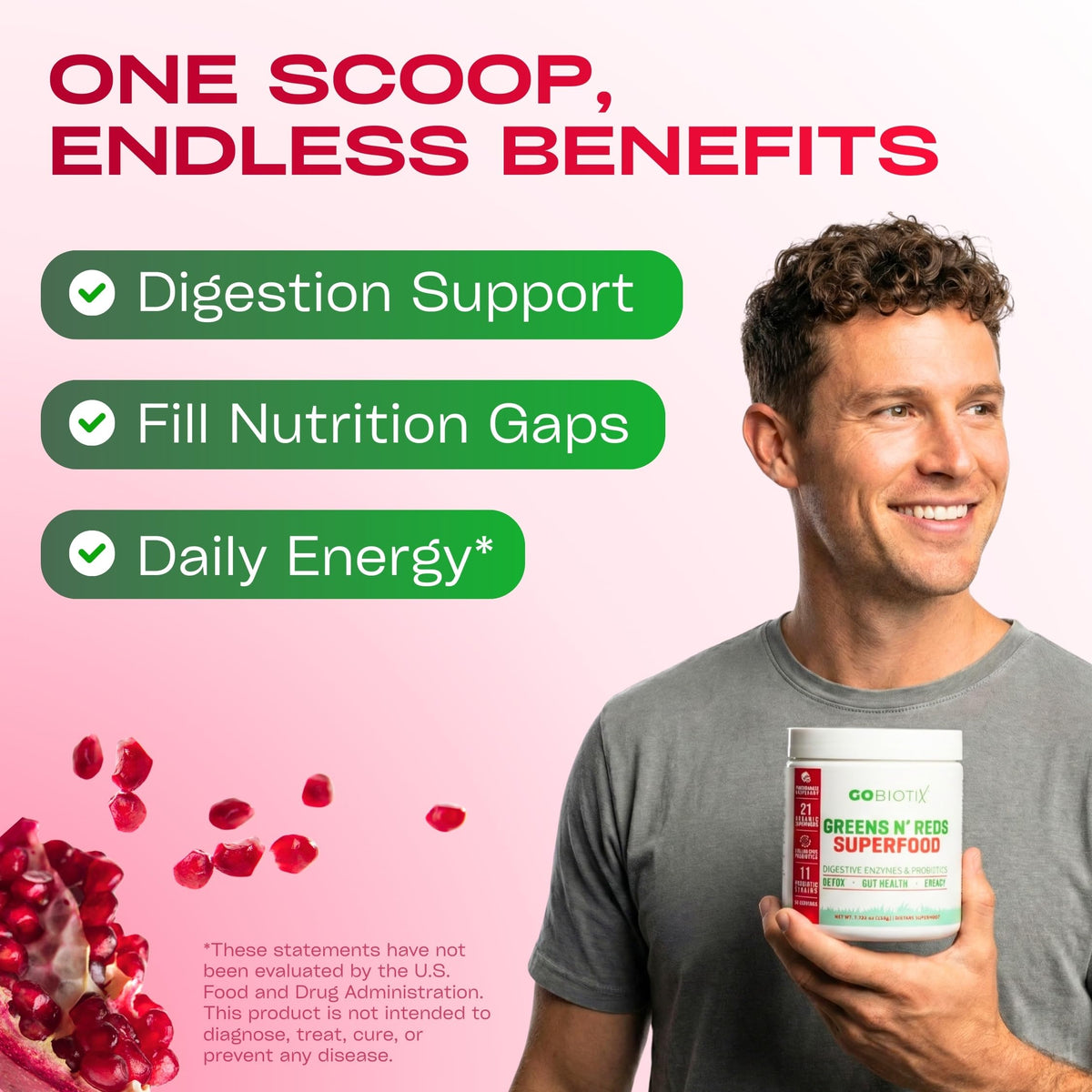 GoBiotix superfood powder pomegranate raspberry flavor drink mix packaging close up