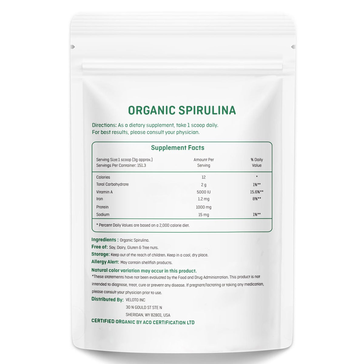 Veloto Organic Spirulina Powder showing nutritional information and vegan protein benefits