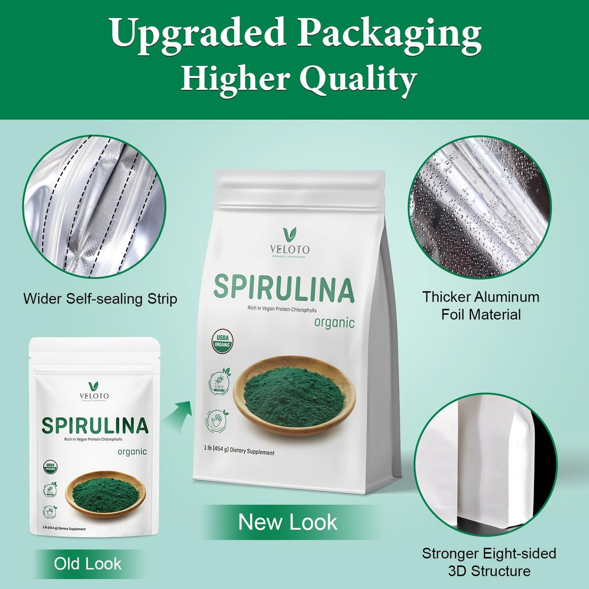 Green spirulina algae powder being scooped with the included measuring spoon
