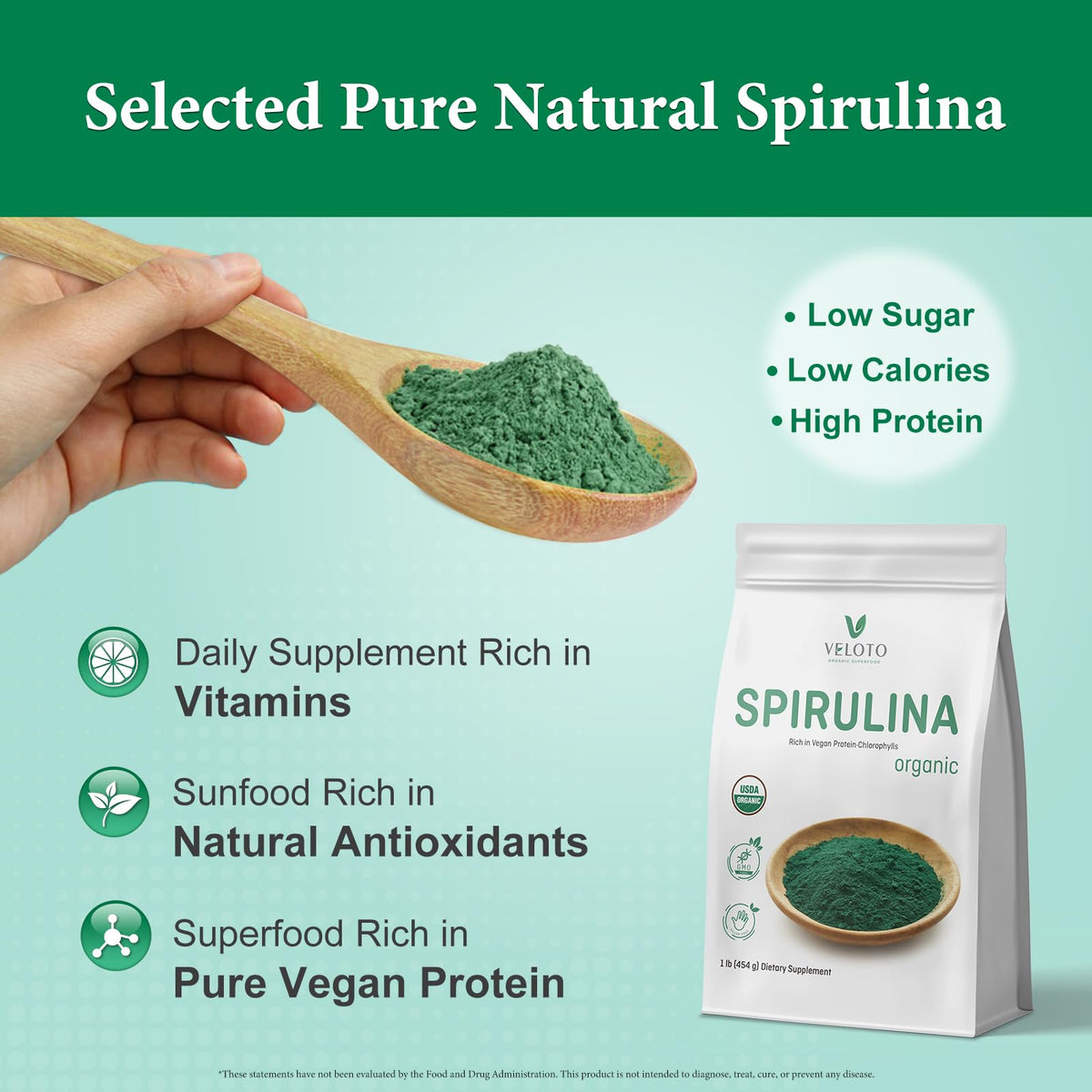 Veloto Spirulina Powder next to a fresh green wellness smoothie