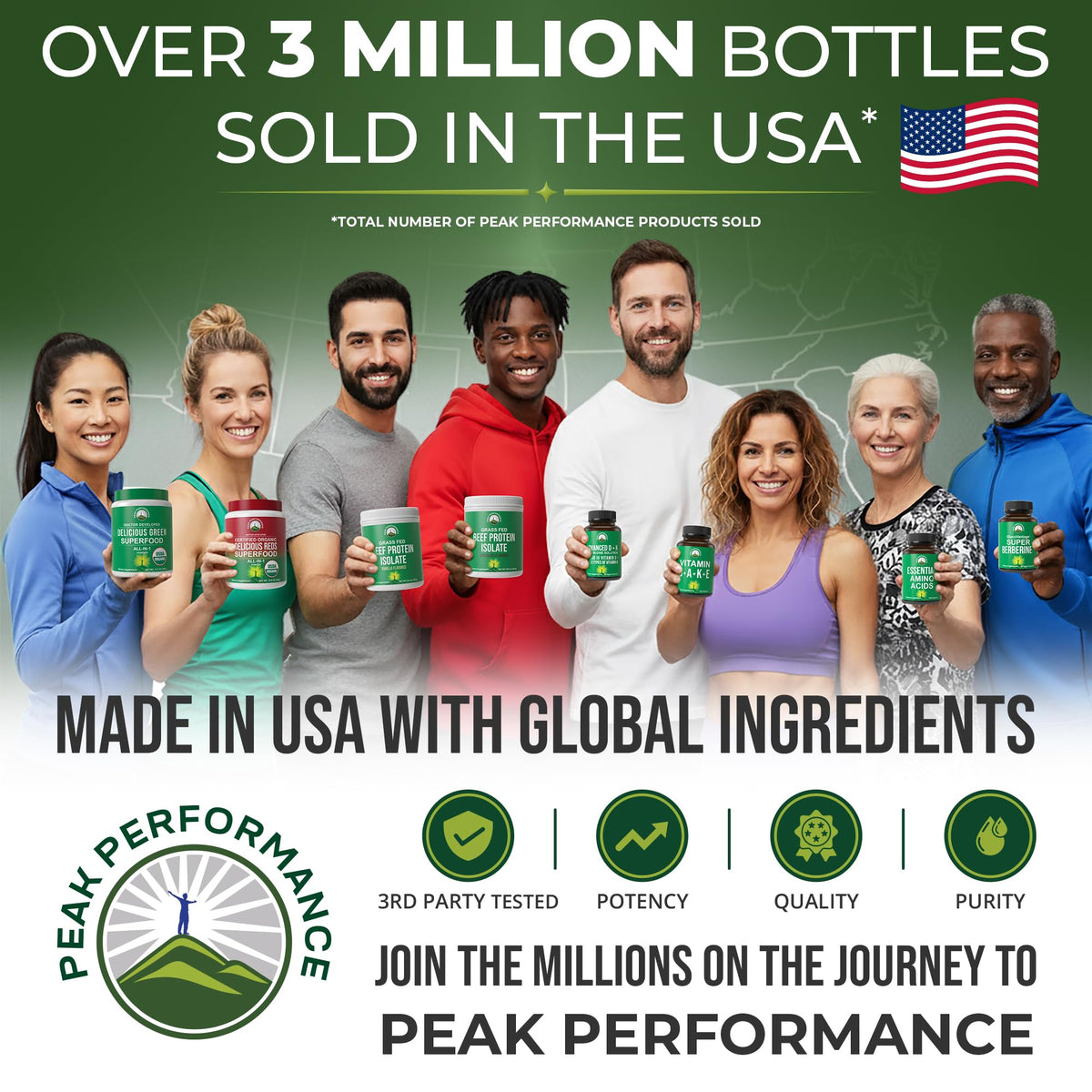 Peak Performance Superfood Powder scoop showing the fine green juice extract texture