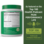 Side view of Peak Performance Organic Greens Superfood Powder packaging with doctor developed seal