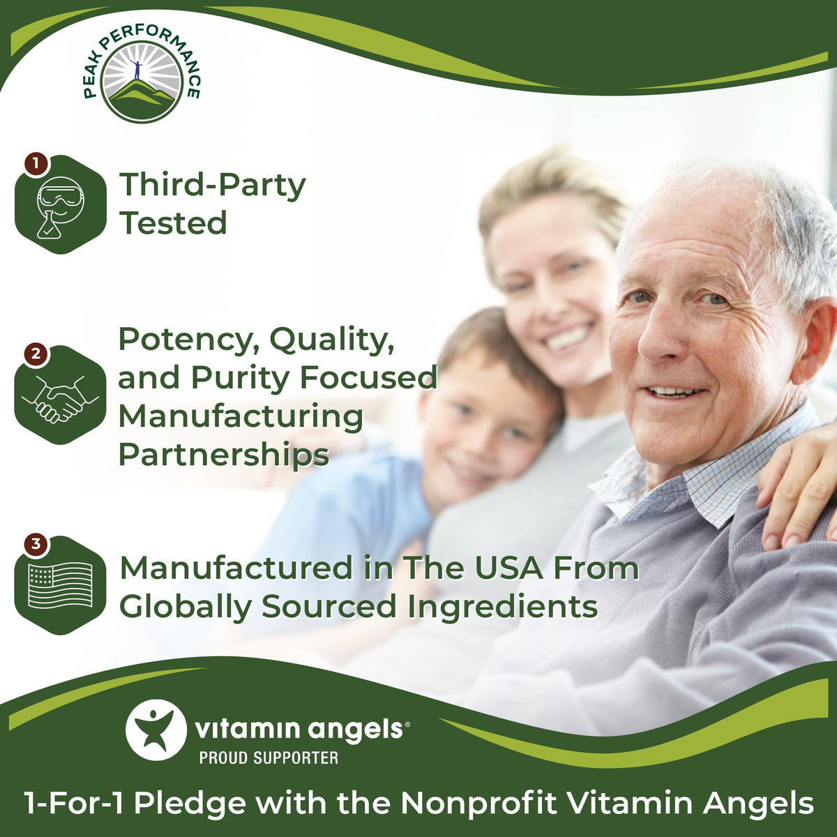 Back view of Peak Performance Superfood Powder highlighting non-GMO and vegan certifications