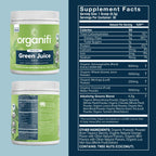 Organifi Green Juice supplement tub showcasing certified organic ingredients and wellness benefits.