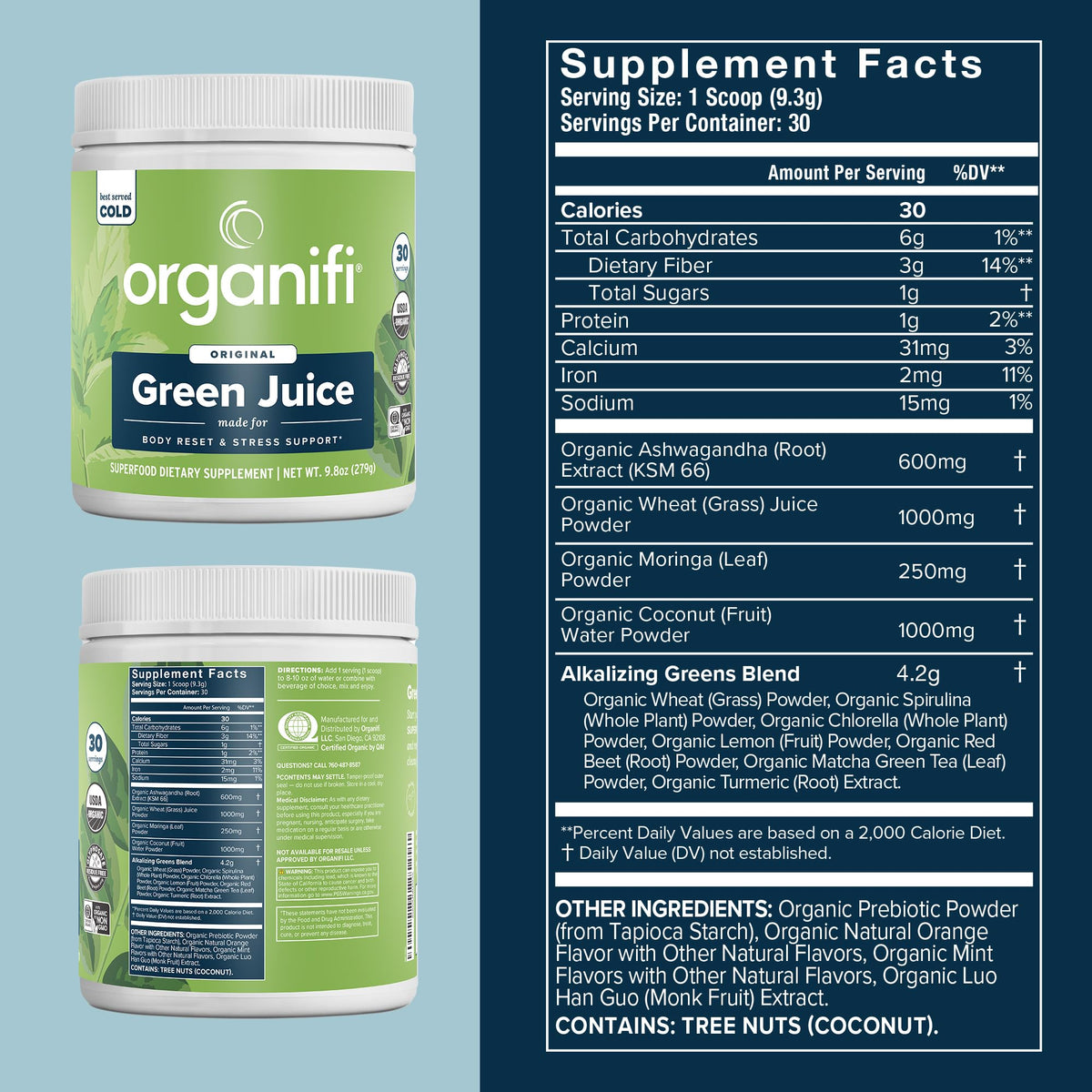 Organifi Green Juice supplement tub showcasing certified organic ingredients and wellness benefits.