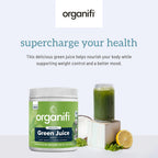 Nutritional facts label of Organifi Green Juice 30-day supply highlighting ashwagandha and spirulina.