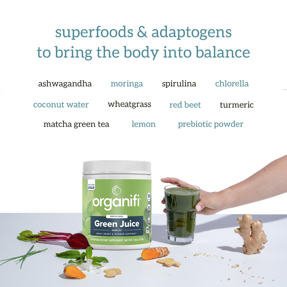 Back label of Organifi Green Juice showing full USA imported product information and directions.