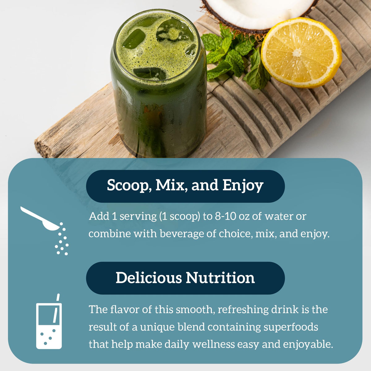 Authentic Organifi Green Juice powder being mixed into a refreshing glass of water.
