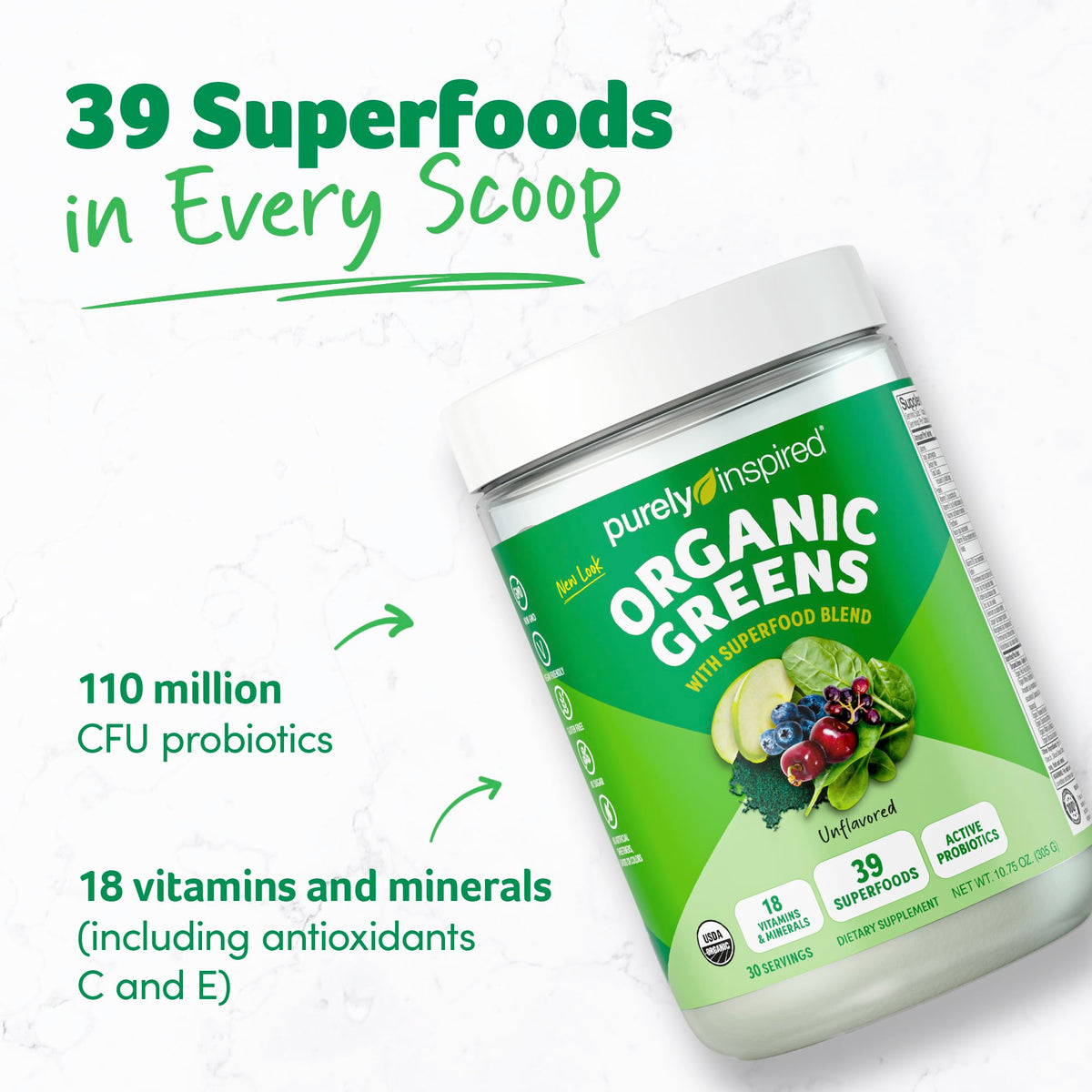 Purely Inspired super greens supplement 10.75 Ounce tub nutritional facts label view.