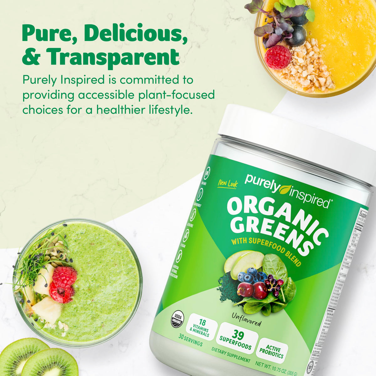 Purely Inspired USDA organic non GMO gluten free supplement container back details.
