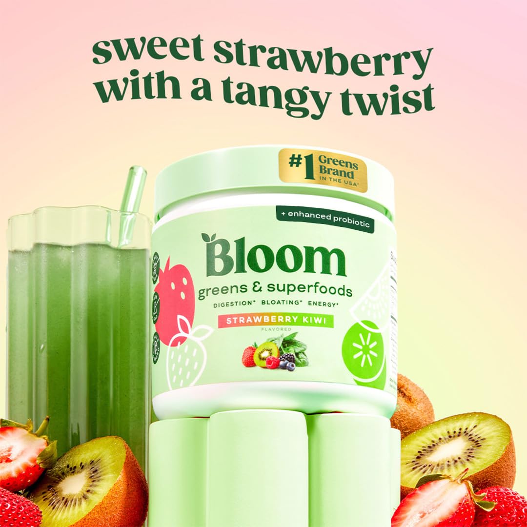 Bloom Nutrition super greens powder tub for bloating and gut support