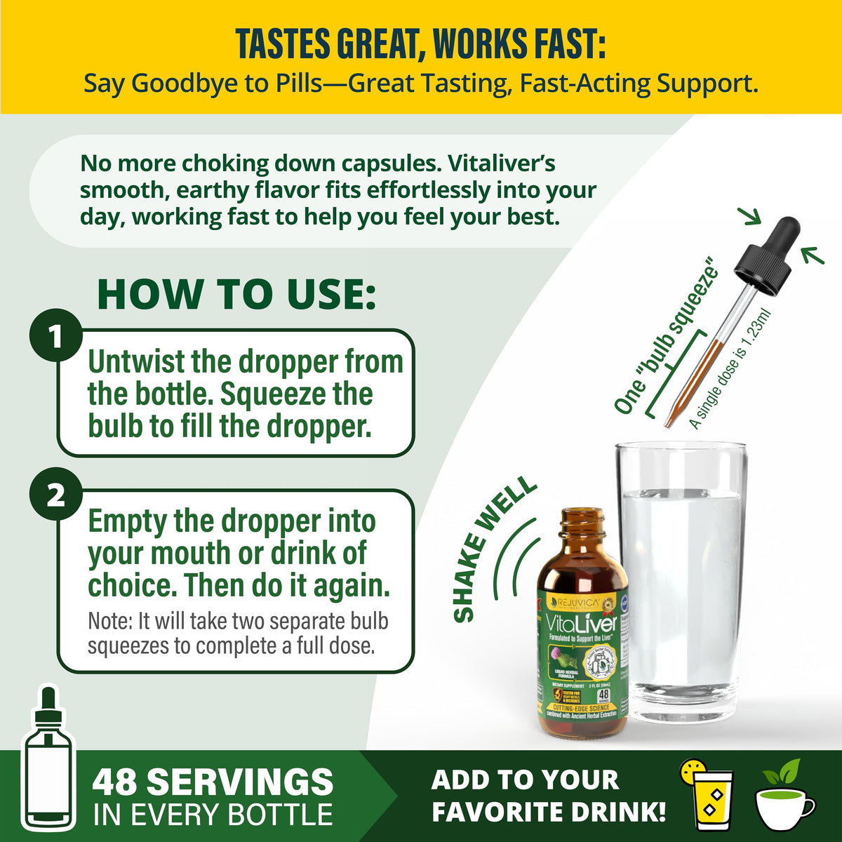 Rejuvica Health VitaLiver liquid herbal tincture being dispensed with the dropper.