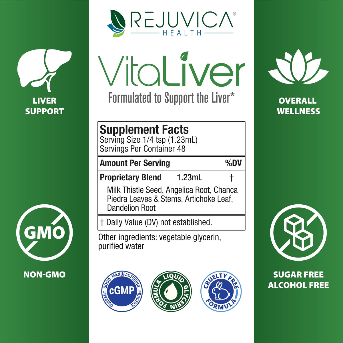 Packaging box and bottle of Rejuvica Health VitaLiver milk thistle support.