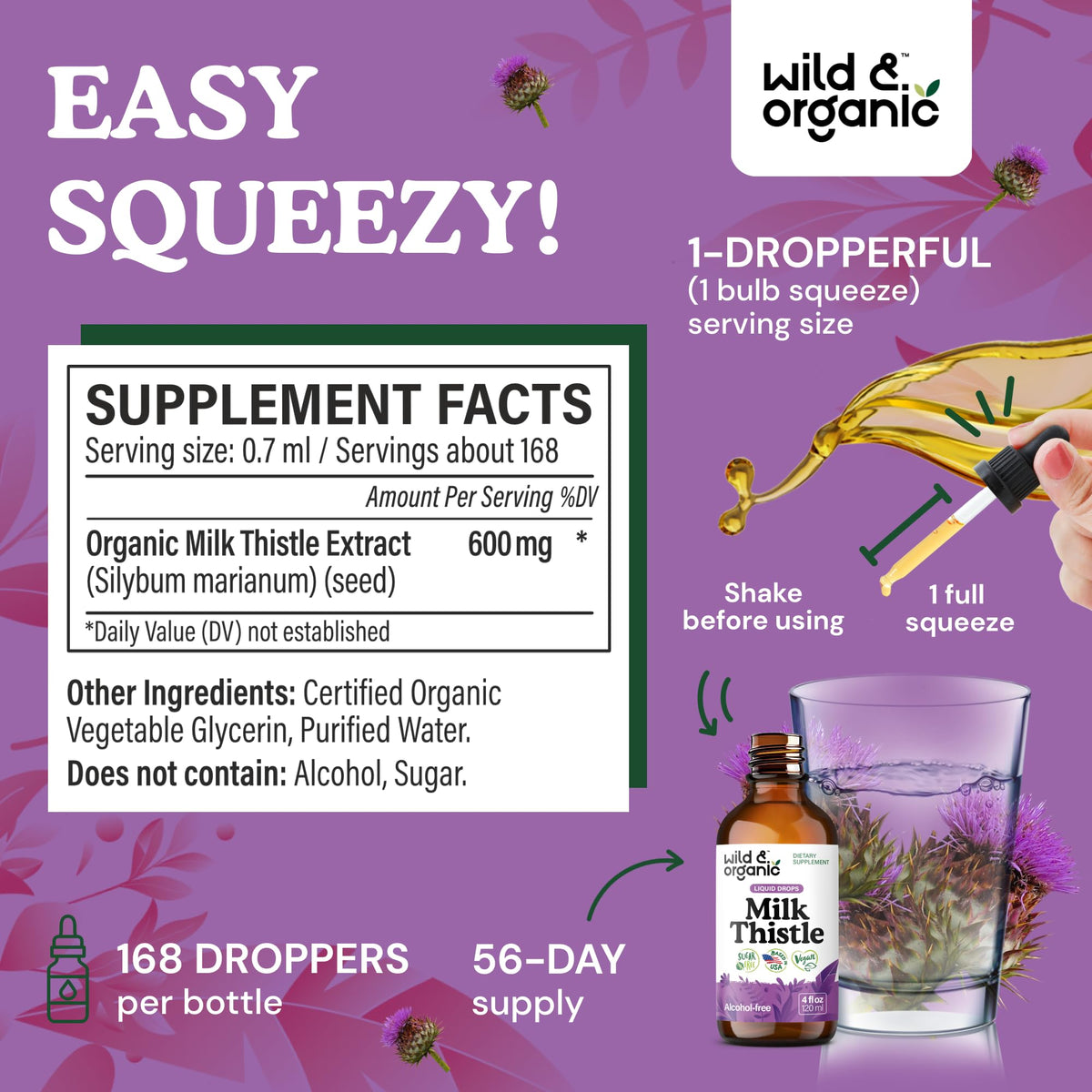 Back label of Wild & Organic alcohol free silymarin supplement displaying ingredient composition.
