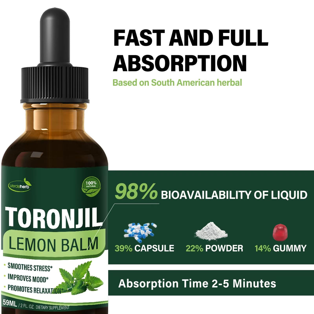 Side profile of Verdeherb Toronjil Support extract displaying vegan and alcohol free labels.
