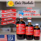 Em's Herbals St. Johns Wort herbal oil bottle showing the distinctive natural red color tint
