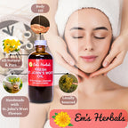 Em's Herbals Fresh St. Johns Wort Oil back label detailing organic ingredients and USA origin