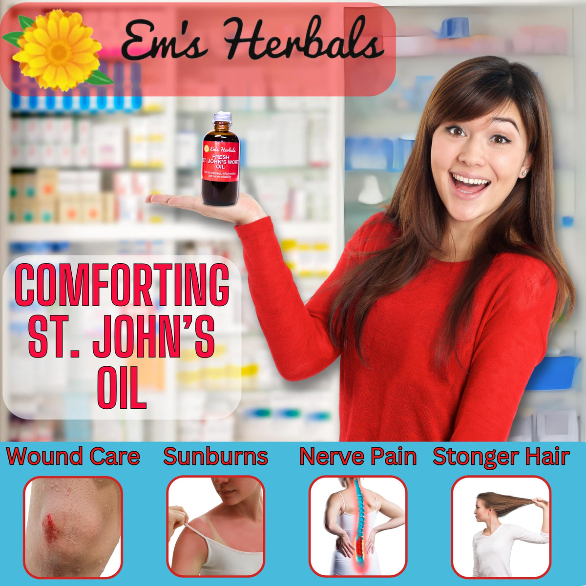 Pouring a few drops of Em's Herbals St. Johns Wort Massage Oil onto clean skin