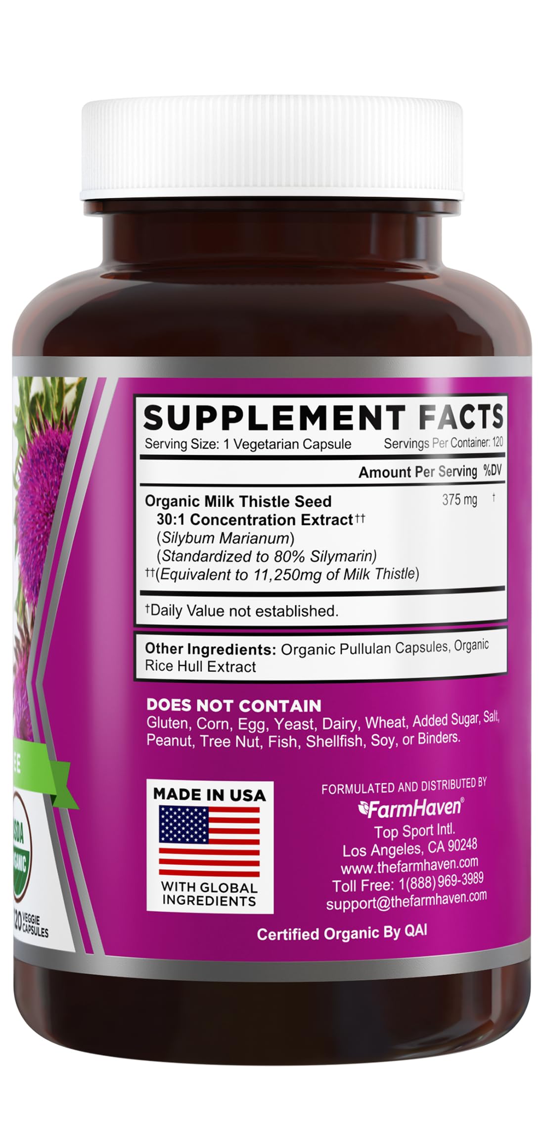 FarmHaven Milk Thistle 30 to 1 seed extract supplement supplement facts and ingredient label.