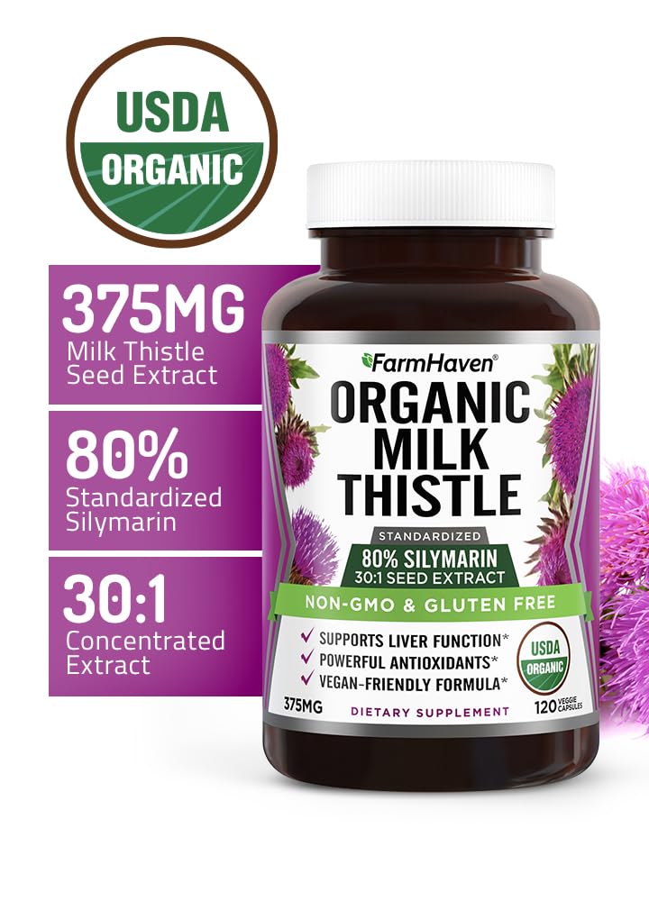 Organic milk thistle standardized 80 percent silymarin vegan capsules displayed on clean background.