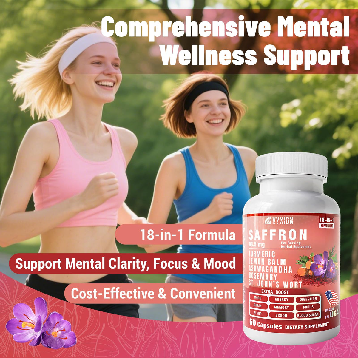 Vyxion Sargol Saffron extract capsules displaying premium adaptogenic blend with ashwagandha and turmeric