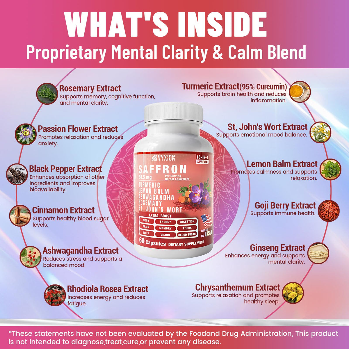Side angle of Vyxion Saffron complex dietary supplement bottle highlighting non-GMO and vegan features