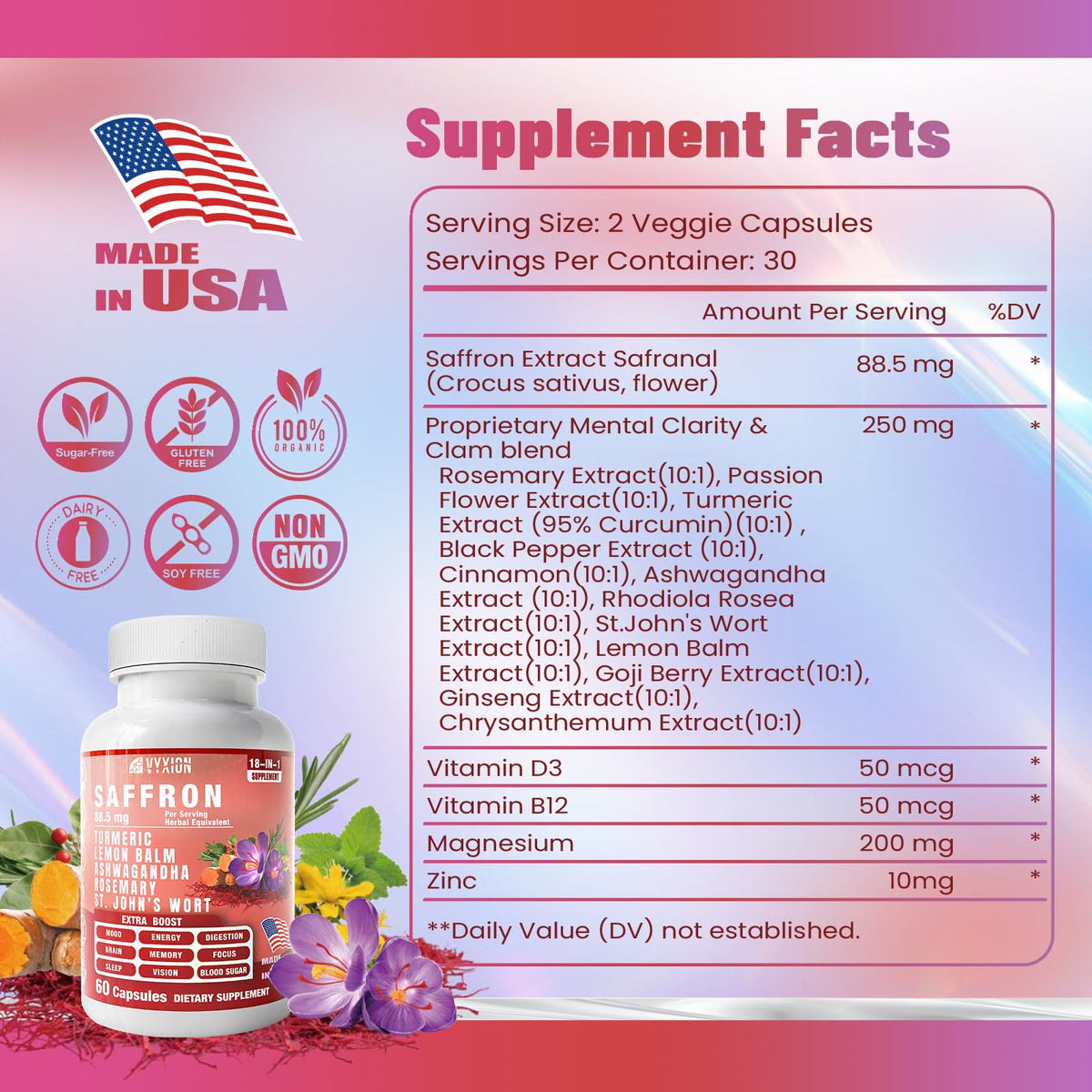 Vyxion Saffron capsules package overview emphasizing energy, focus, and mental clarity health benefits