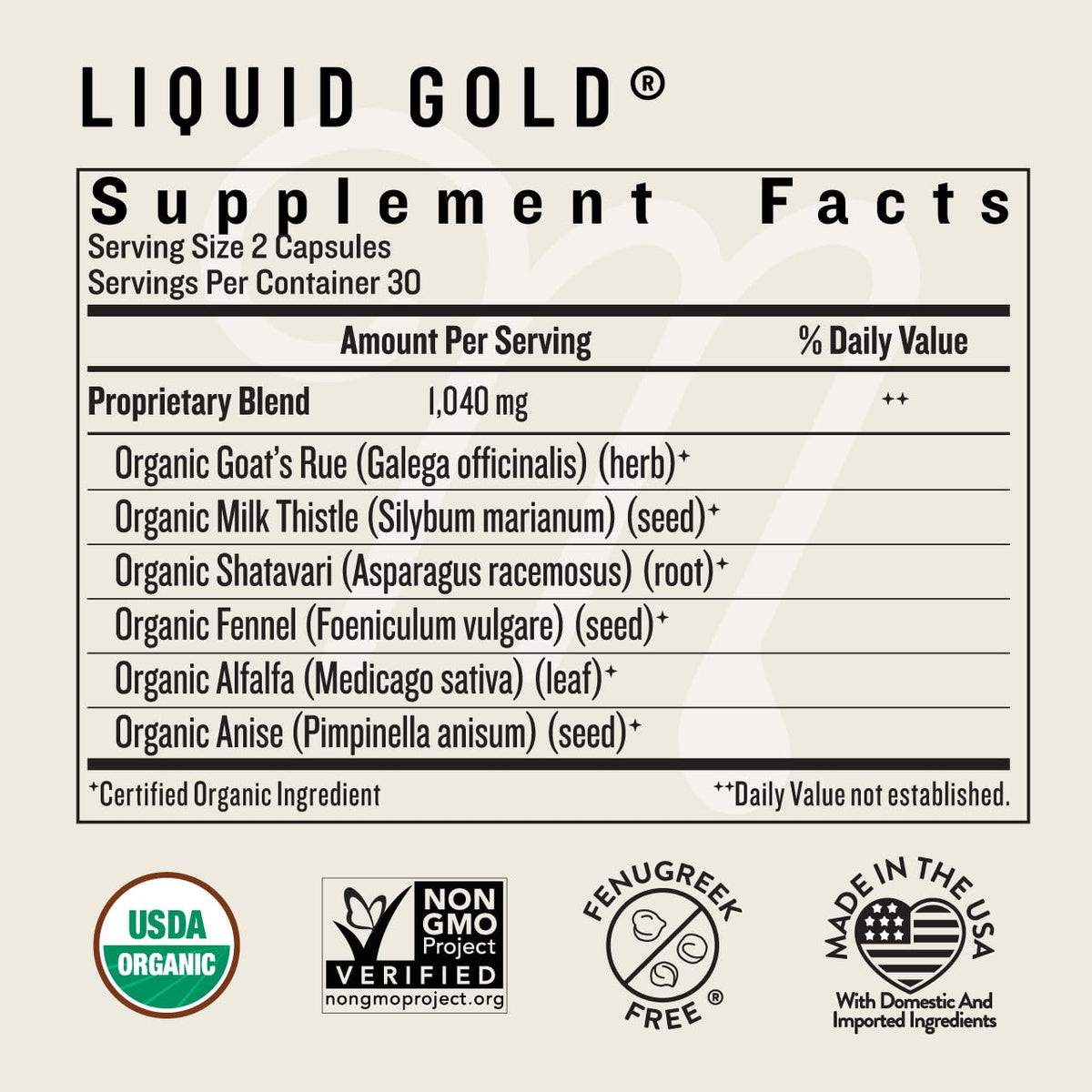 Legendairy Milk Liquid Gold label with fenugreek free badge