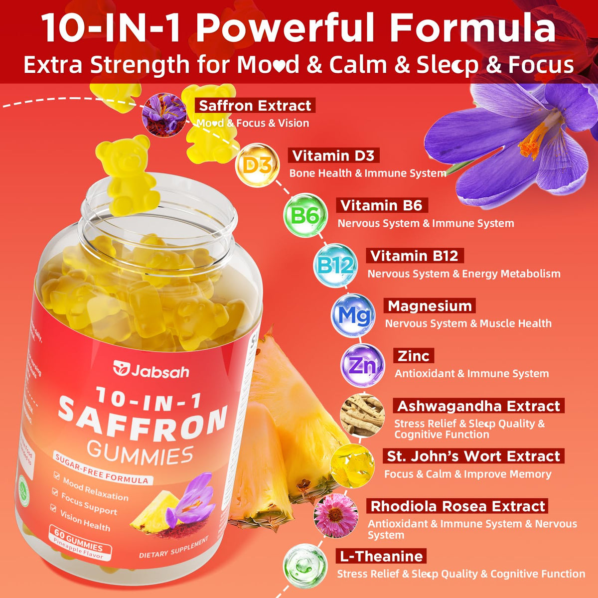 Jabsah melatonin free cortisol support gummies with saffron extract and ashwagandha
