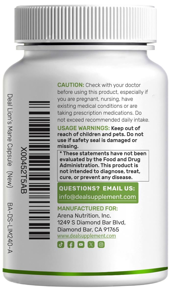 Deal Supplement brain nootropic formula label details with fruiting body and mycelium extract info