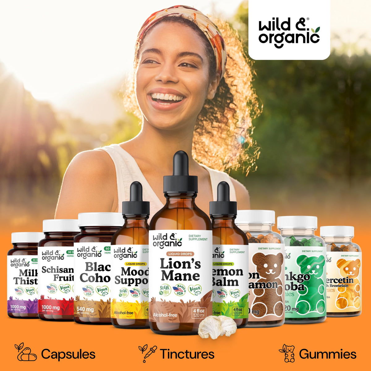 Authentic USA imported Wild And Organic focus support liquid supplement bottle on clean background