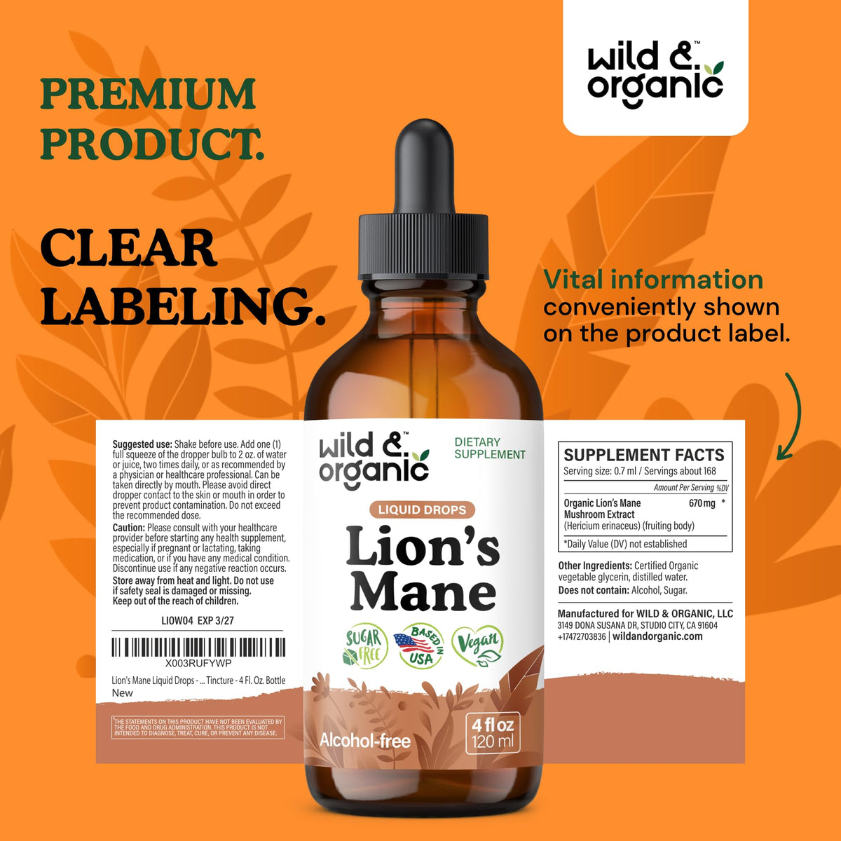 Full packaging of Wild And Organic Lions Mane 120ml showing the clean sugar free label design