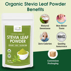 Premium green stevia leaf powder by Hennaco displaying gluten free and non GMO labels