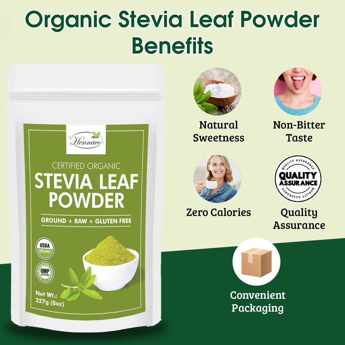Premium green stevia leaf powder by Hennaco displaying gluten free and non GMO labels