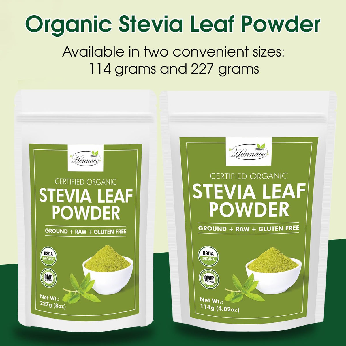 Hennaco organic unrefined green stevia powder highlighted on a clean background