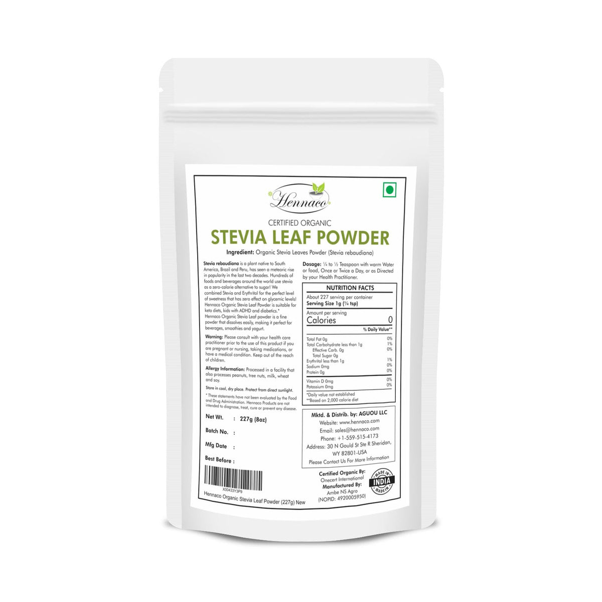 Nutritional facts panel and product description on the back of Hennaco stevia pouch