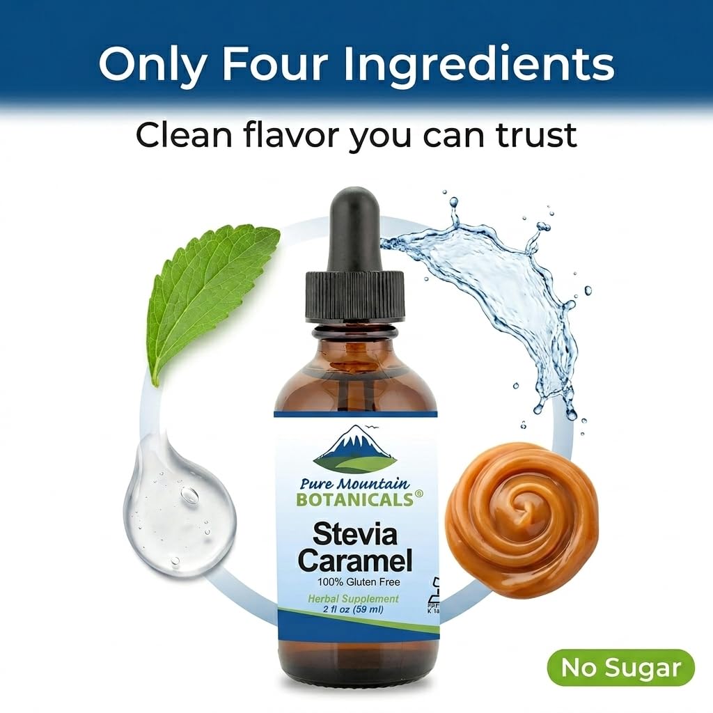 Pure Mountain Botanicals Caramel Stevia Liquid Drops being added to a hot cup of black coffee.