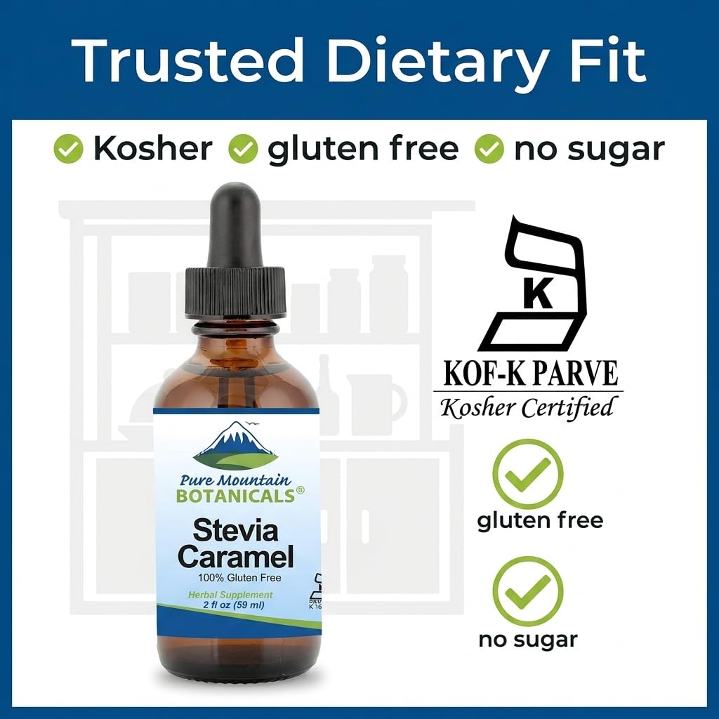 Pure Mountain Botanicals Caramel Stevia Liquid Drops showing the dropper mechanism and clear liquid consistency.