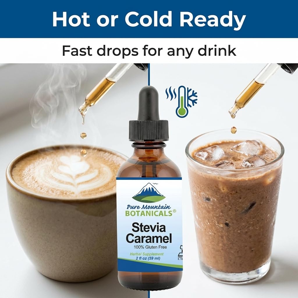 Pure Mountain Botanicals Caramel Stevia Liquid Drops packaged bottle standing next to fresh baking ingredients.